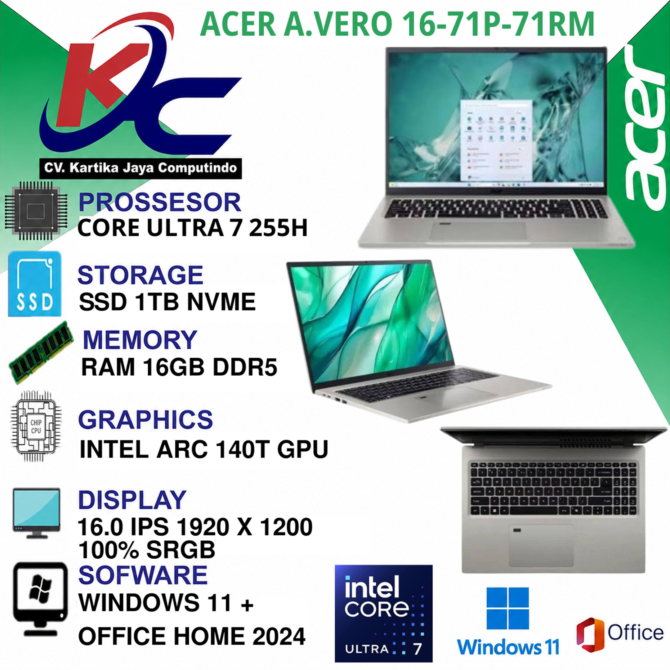 ACER AV16-71P-71RM ULTRA7-255H 16GB 1TSSD IPS W11OHS GREY